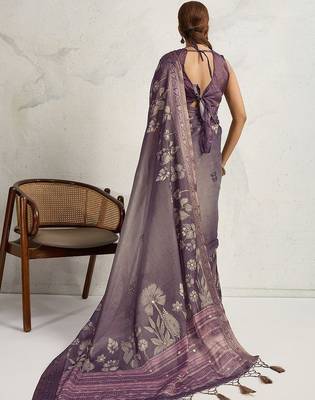 Purple floral printed zari border saree 4