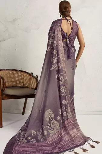 Purple floral printed zari border saree