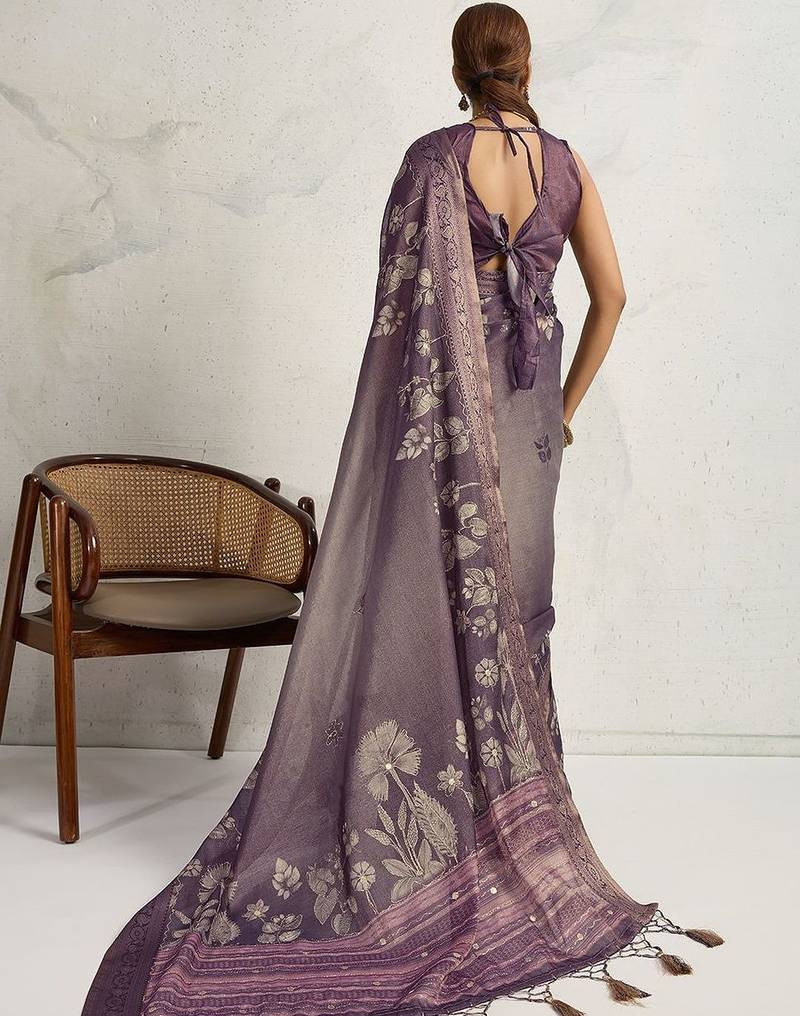 Purple floral printed zari border saree