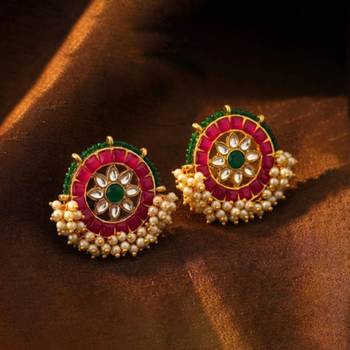 Rani pink green kundan & lariya studded round stud earrings jewelry 1