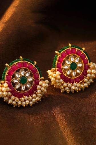 Rani pink green kundan & lariya studded round stud earrings jewelry