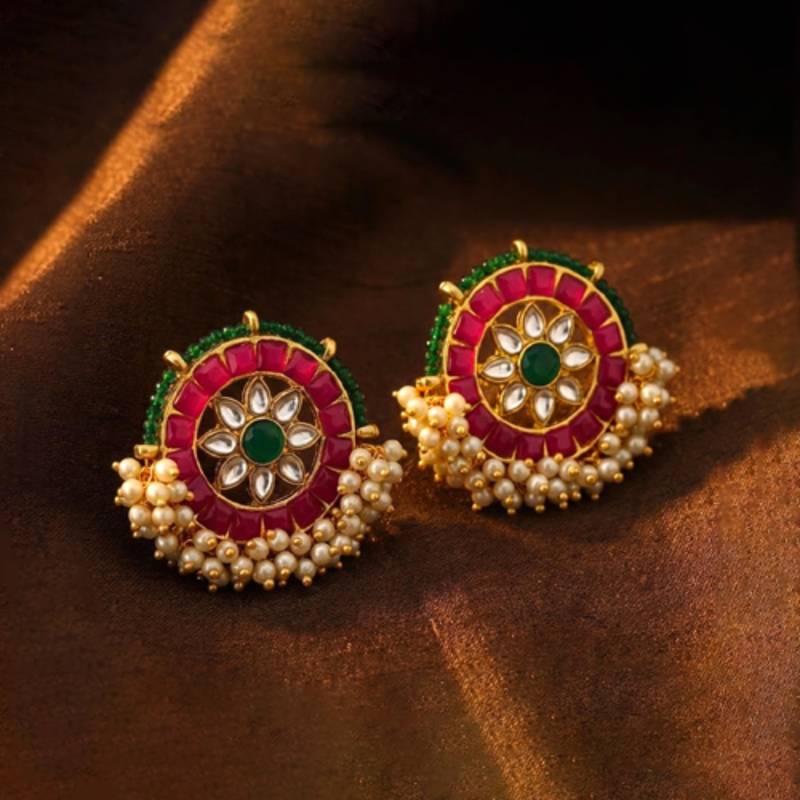Rani pink green kundan & lariya studded round stud earrings jewelry