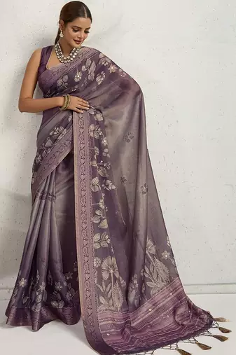 Purple floral printed zari border saree