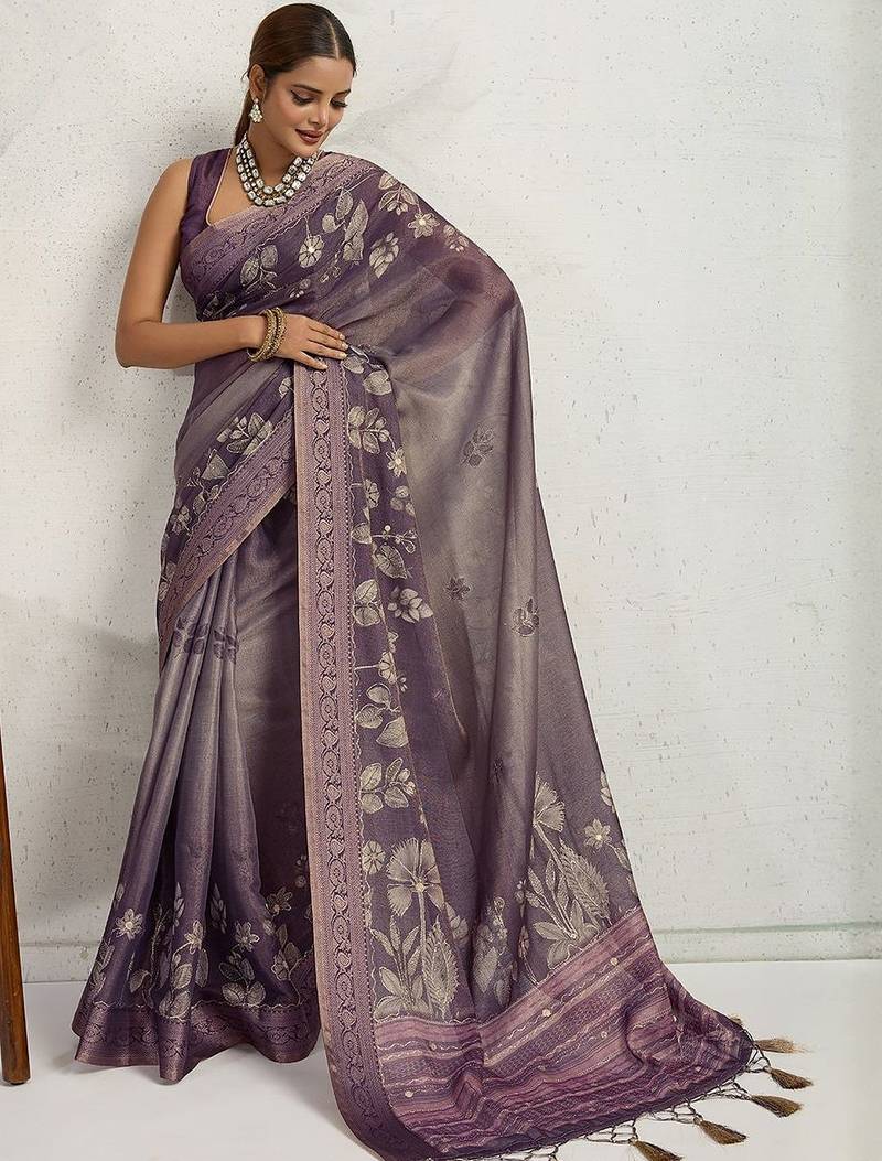 Purple floral printed zari border saree