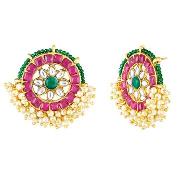 Rani pink green kundan & lariya studded round stud earrings jewelry 2
