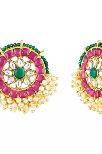 Rani pink green kundan & lariya studded round stud earrings jewelry