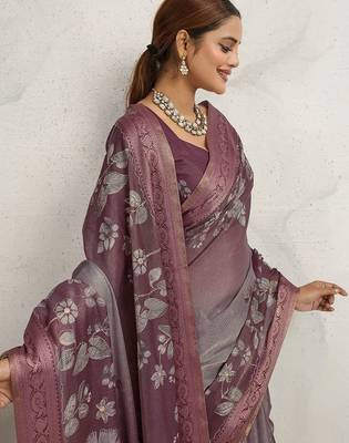 Purple women floral printed aari work tissue saree 1