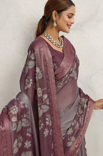 Purple women floral printed aari work tissue saree