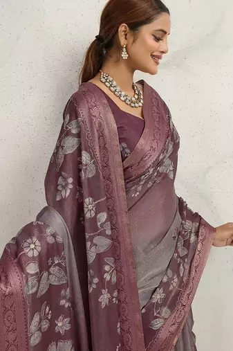 Purple women floral printed aari work tissue saree