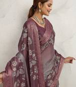 Purple women floral printed aari work tissue saree