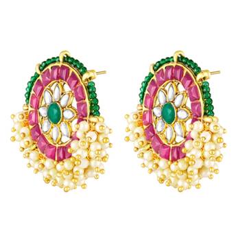 Rani pink green kundan & lariya studded round stud earrings jewelry 3