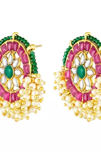 Rani pink green kundan & lariya studded round stud earrings jewelry