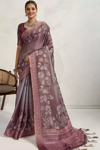 Purple women floral printed aari work tissue saree