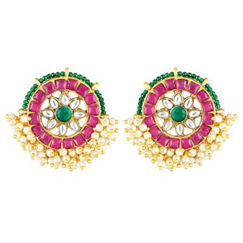 Rani pink green kundan & lariya studded round stud earrings jewelry 4