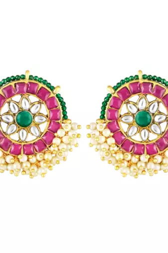 Rani pink green kundan & lariya studded round stud earrings jewelry