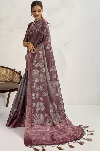 Purple women floral printed aari work tissue saree