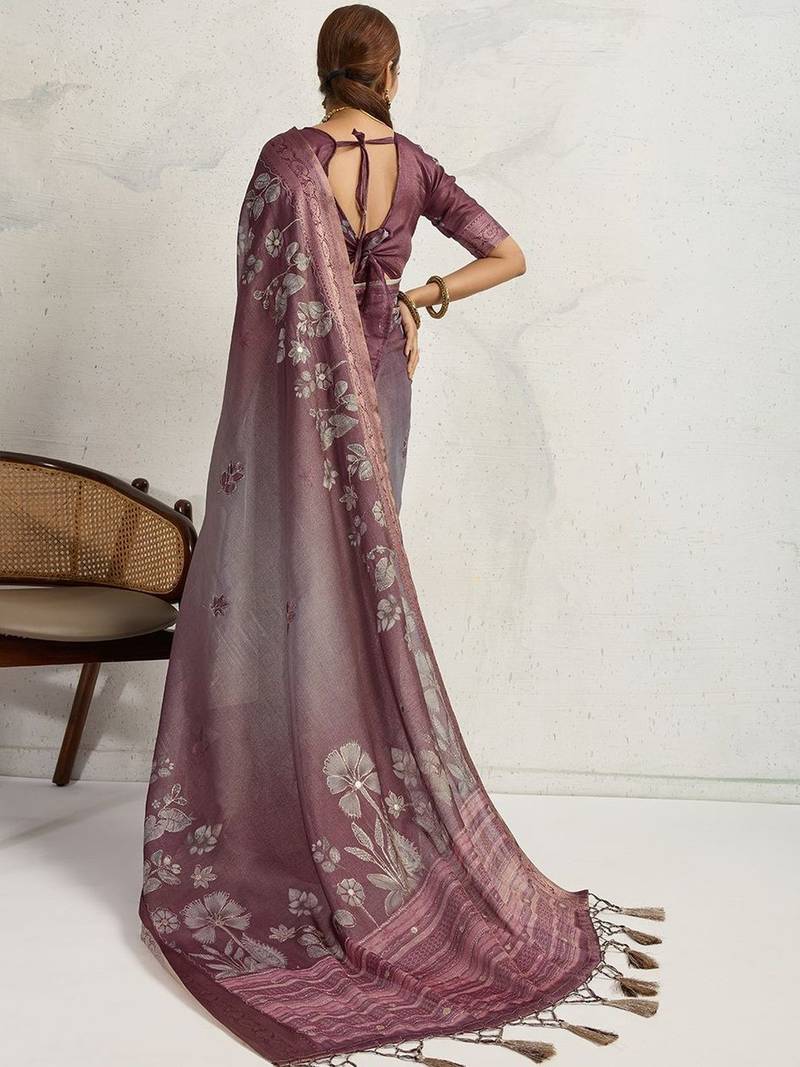 Purple women floral printed aari work tissue saree