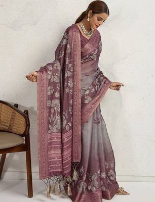 Purple women floral printed aari work tissue saree 5