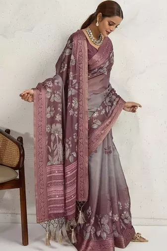 Purple women floral printed aari work tissue saree