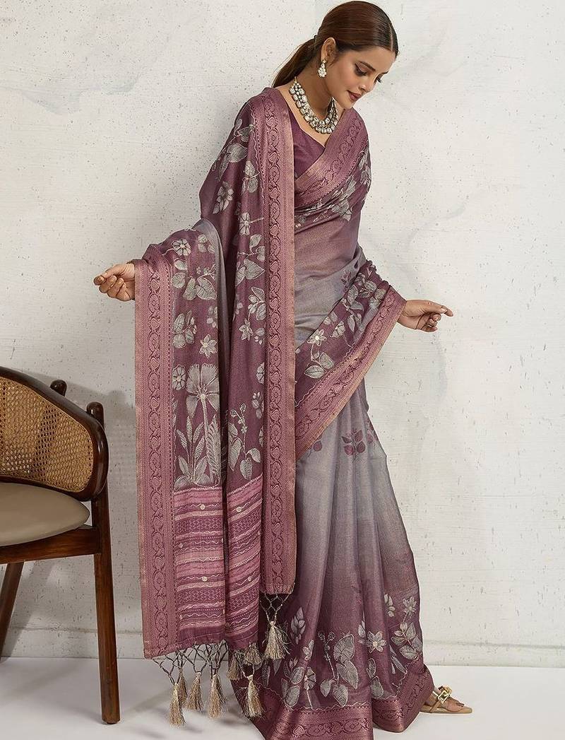 Purple women floral printed aari work tissue saree
