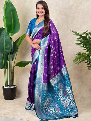 Purple woven design zari silk blend heavy work kanjeevaram saree 1