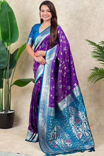 Purple woven design zari silk blend heavy work kanjeevaram saree