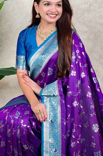 Purple woven design zari silk blend heavy work kanjeevaram saree