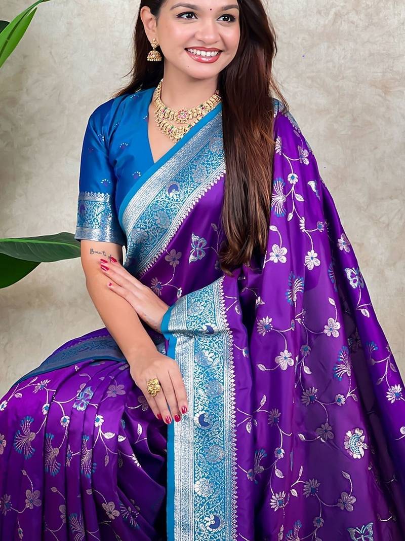Purple woven design zari silk blend heavy work kanjeevaram saree