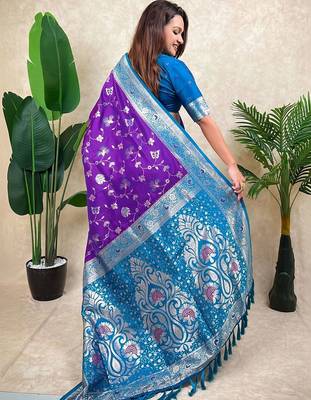 Purple woven design zari silk blend heavy work kanjeevaram saree 3