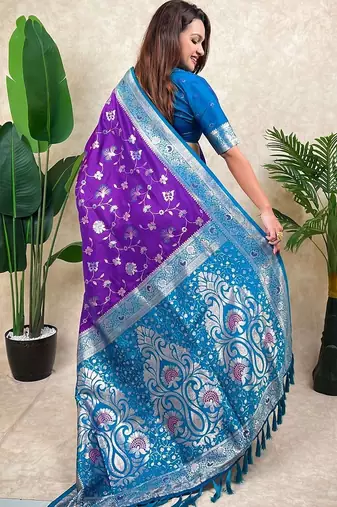 Purple woven design zari silk blend heavy work kanjeevaram saree