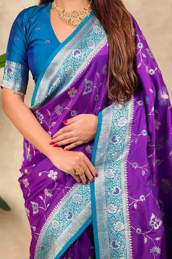 Purple woven design zari silk blend heavy work kanjeevaram saree