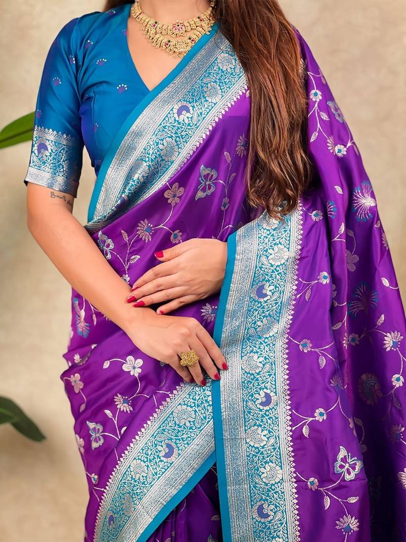 Purple woven design zari silk blend heavy work kanjeevaram saree