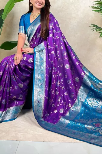 Purple woven design zari silk blend heavy work kanjeevaram saree