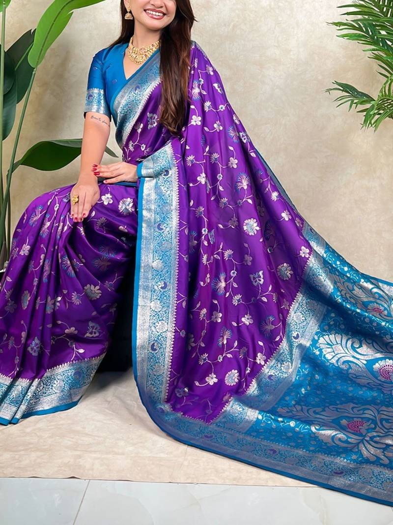 Purple woven design zari silk blend heavy work kanjeevaram saree