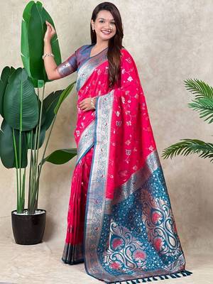 Pink woven design zari silk blend handloom kanjeevaram saree 1