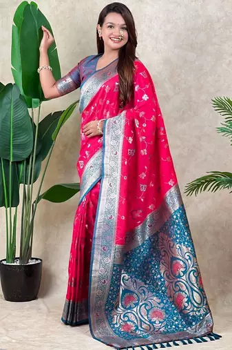Pink woven design zari silk blend handloom kanjeevaram saree