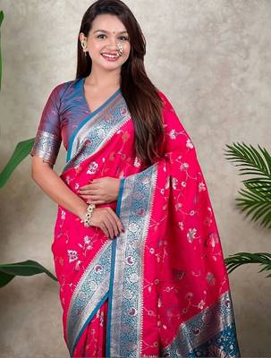 Pink woven design zari silk blend handloom kanjeevaram saree 2