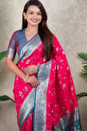 Pink woven design zari silk blend handloom kanjeevaram saree