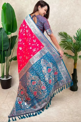 Pink woven design zari silk blend handloom kanjeevaram saree