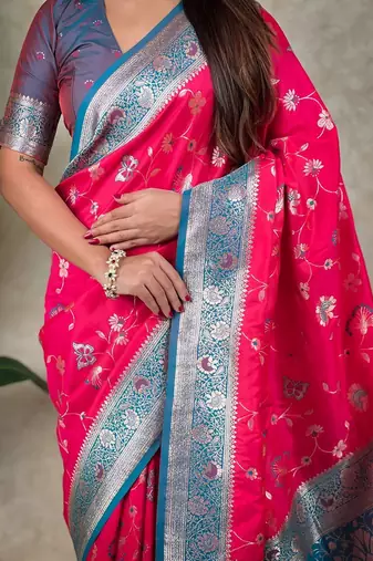 Pink woven design zari silk blend handloom kanjeevaram saree