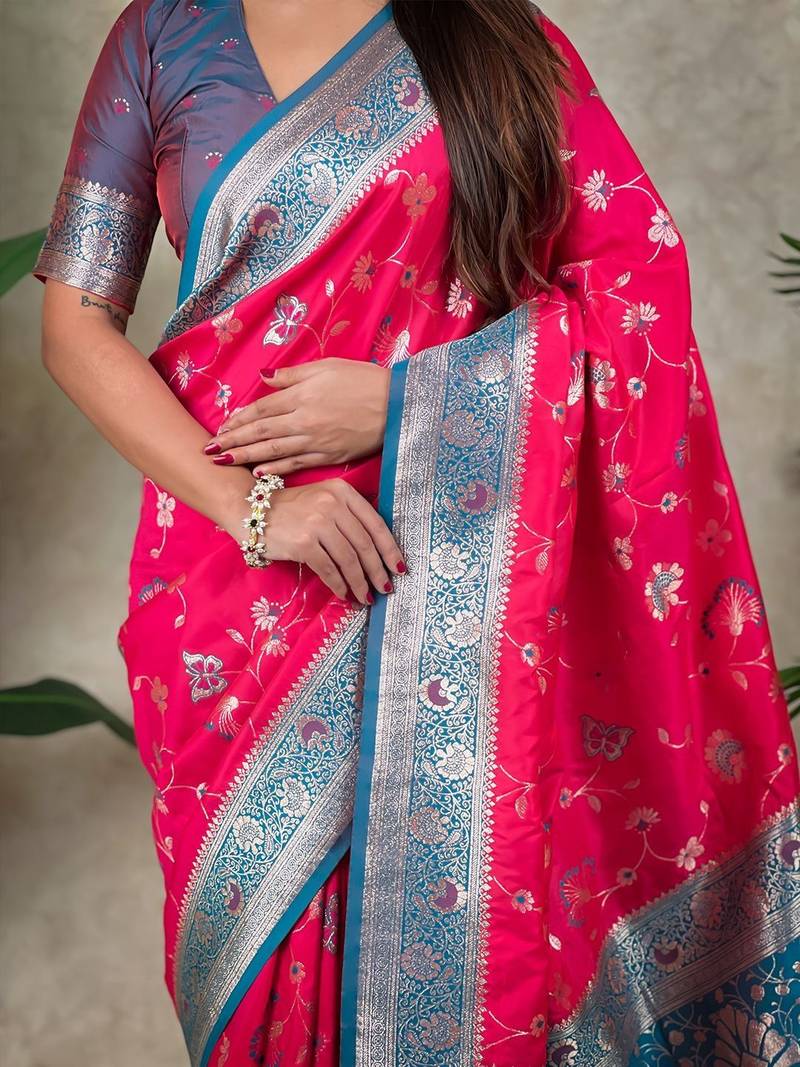 Pink woven design zari silk blend handloom kanjeevaram saree