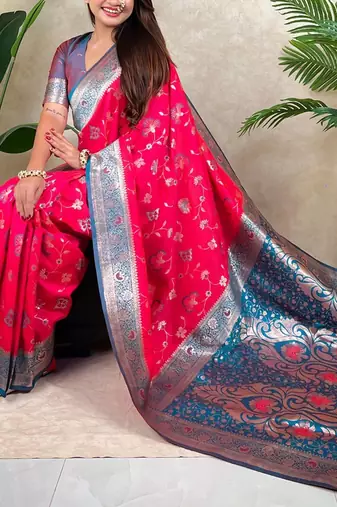 Pink woven design zari silk blend handloom kanjeevaram saree