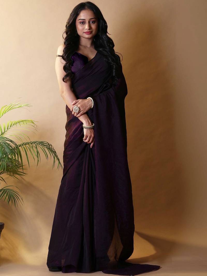 Purple irsia solid shimmer georgette silk party wear sarees