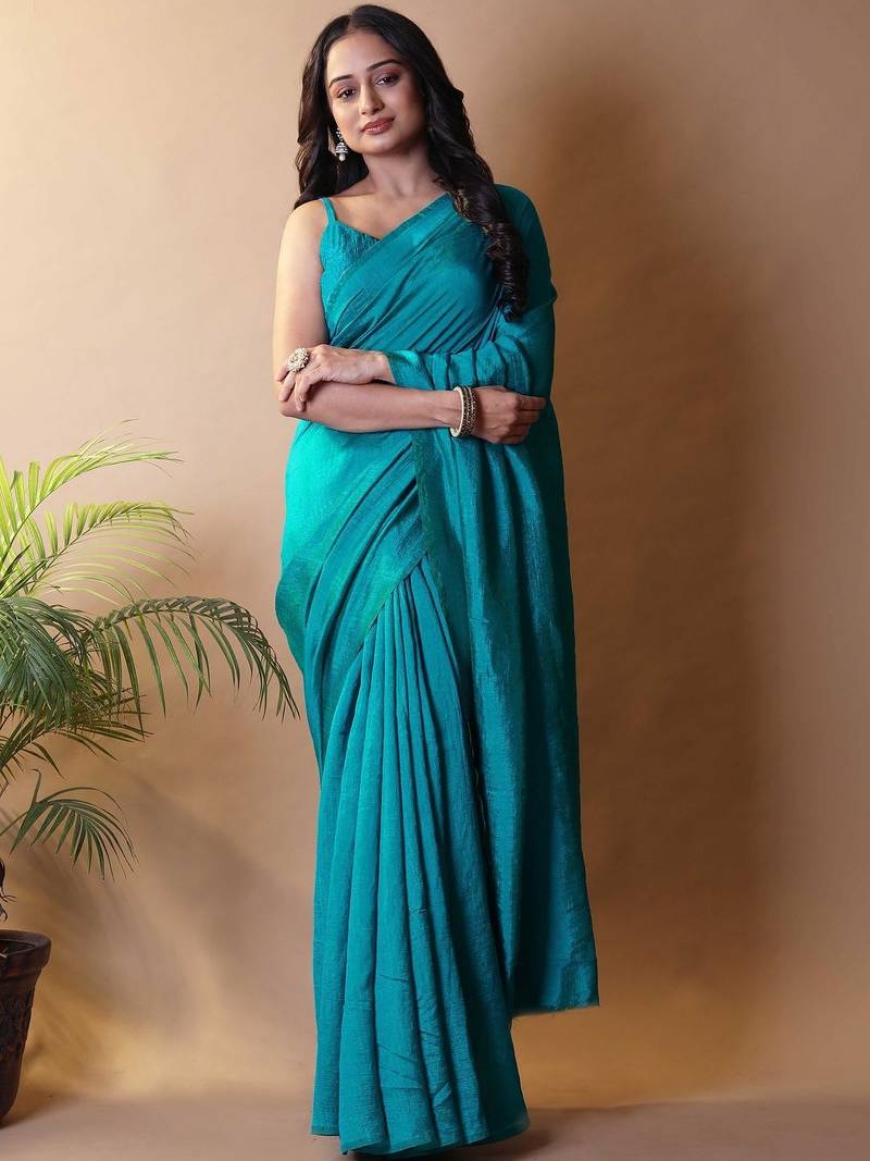 Teal solid shimmer georgette silk party wear sarees