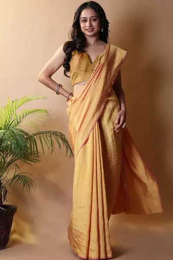 Yellow solid shimmer georgette silk party wear sarees
