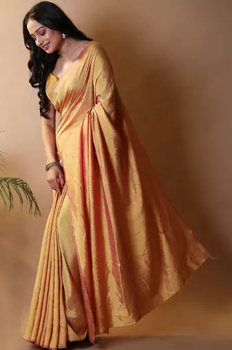 Yellow solid shimmer georgette silk party wear sarees