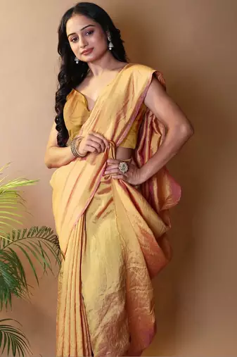 Yellow solid shimmer georgette silk party wear sarees