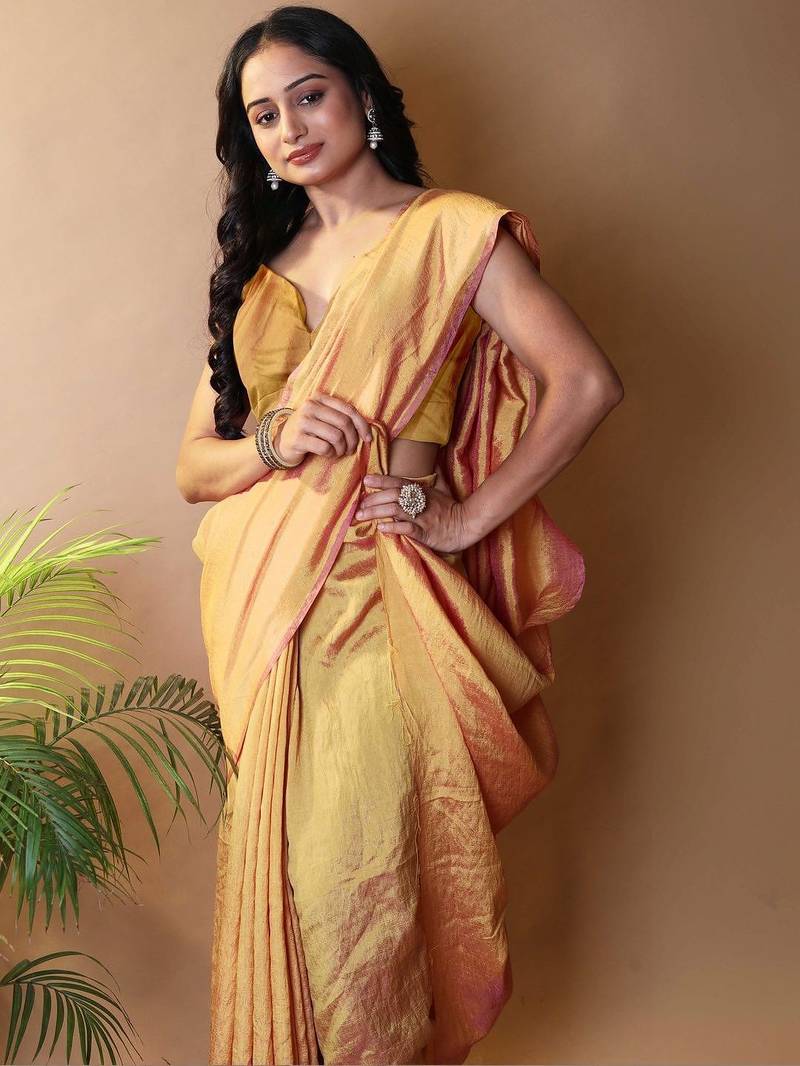 Yellow solid shimmer georgette silk party wear sarees