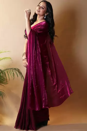 Maroon satin saree