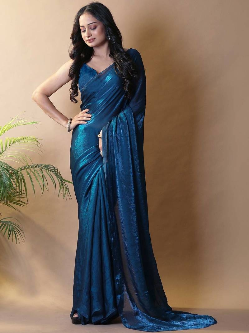Teal satin saree